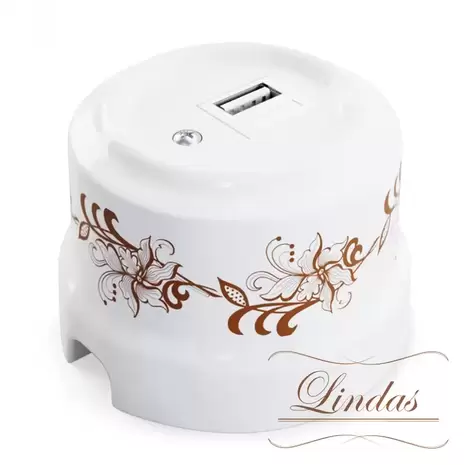 Ретро розетка USB для зарядки 2000mA орнамент№1 (коричневый) Lindas, 32217
